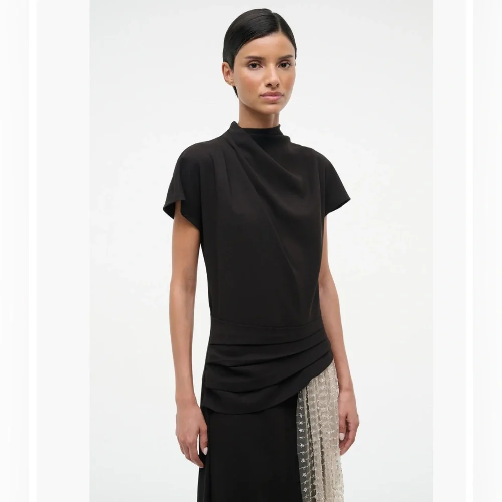 Staud Effie Drape Mock Neck Asymmetric Maxi Sheer Panel Black Stardust - Picture 6 of 14